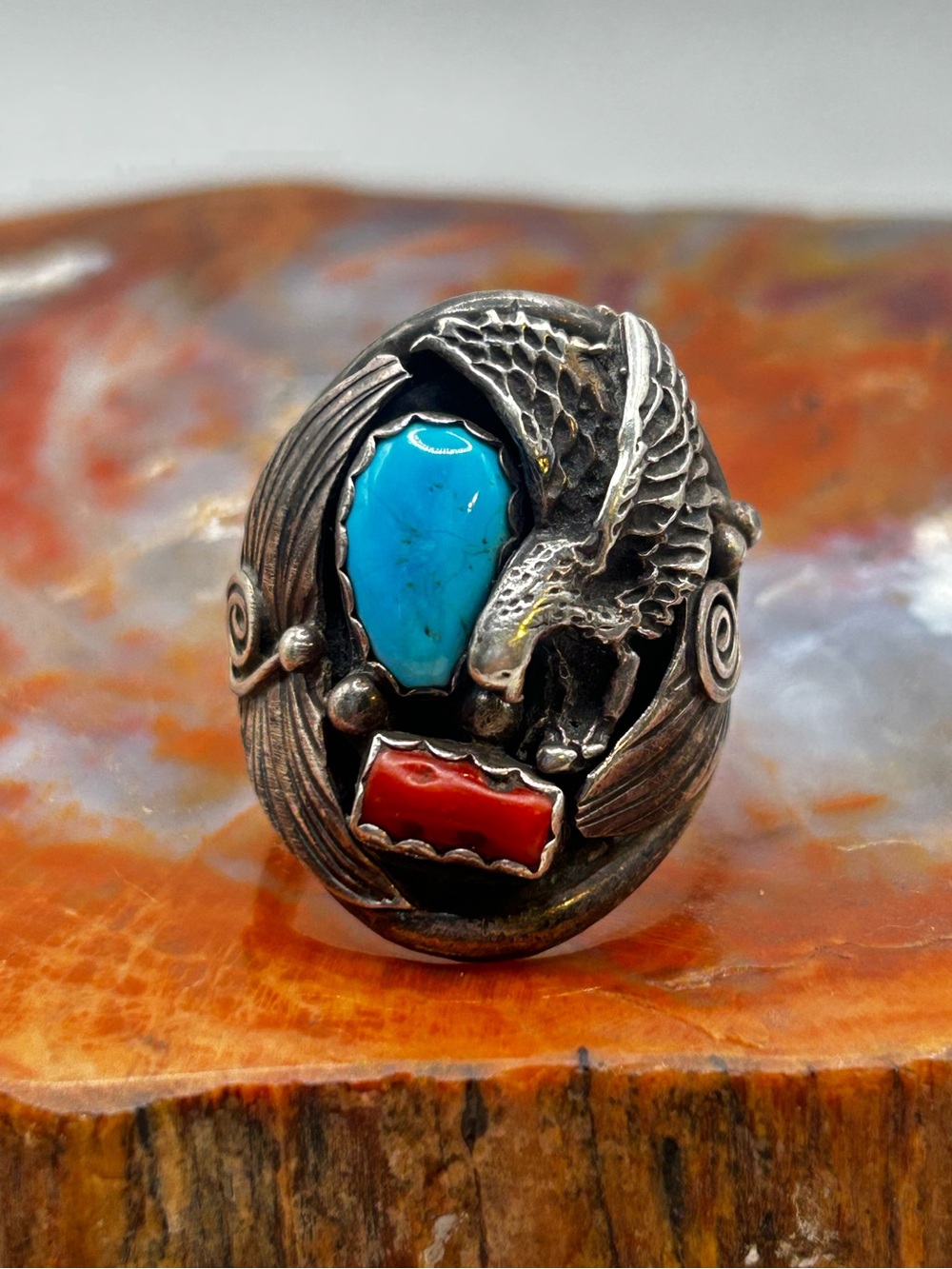 Southwest Sterling Silver Eagle Ring with Turquoise and Coral Accents - Size 12.